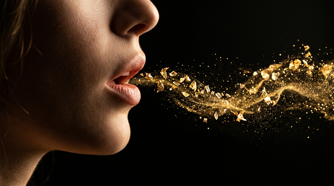Profil d'un visage féminin exhalant un souffle de cristaux et paillettes d'or sur fond noir