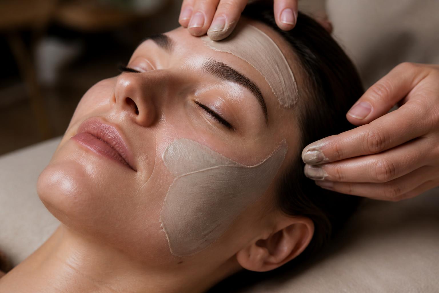 Gros plan ultra réaliste d'une femme allongée, yeux fermés, recevant un masque d'argile appliqué par les mains d'une soignante