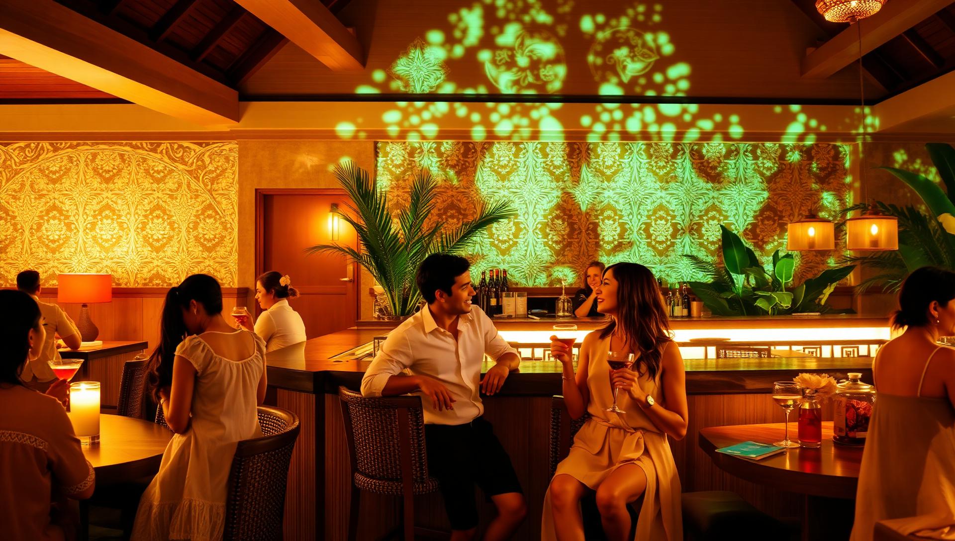 Bar lounge d'un hôtel colonial à l'Île Maurice, motifs élégants projetés sur le mur, lumière chaude, touristes élégants sirotant un verre